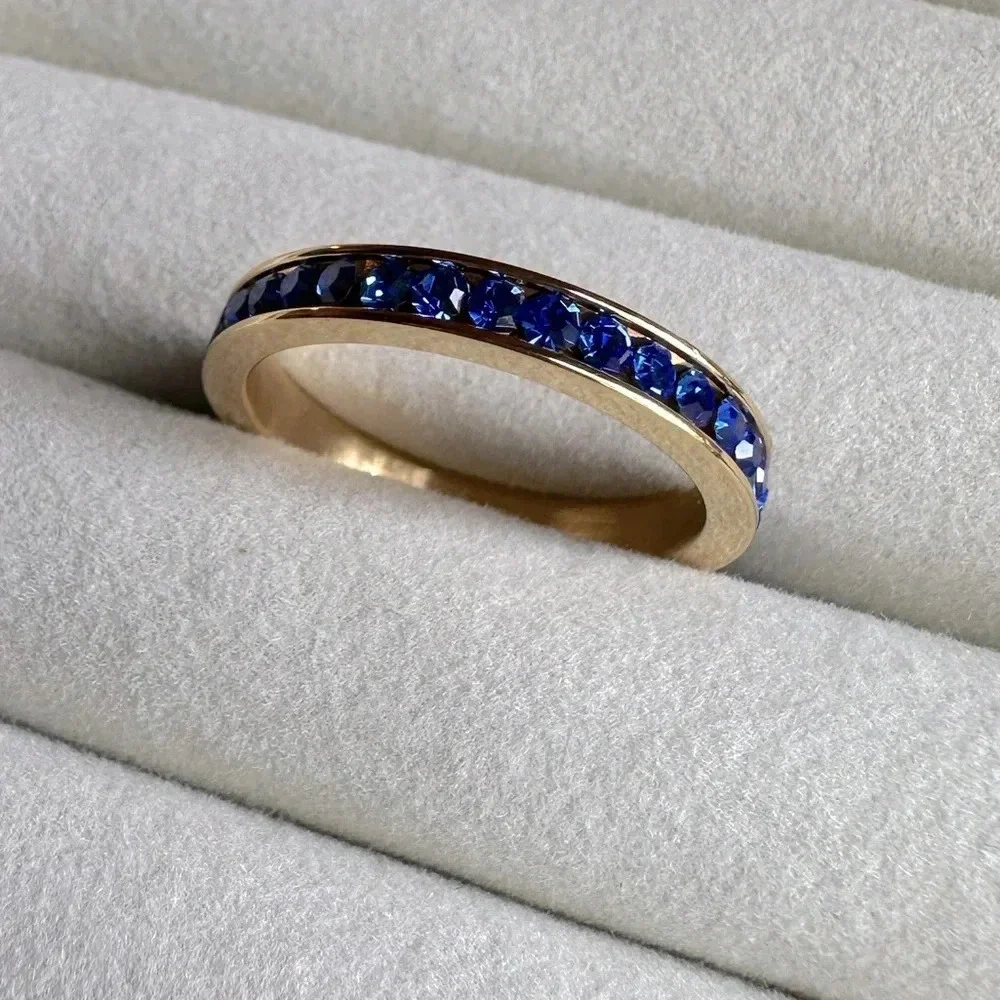 Sapphire Blue Colored CZ 18k Gold Stainless Steel Band Ring September Birthstone - Picture 4 of 9